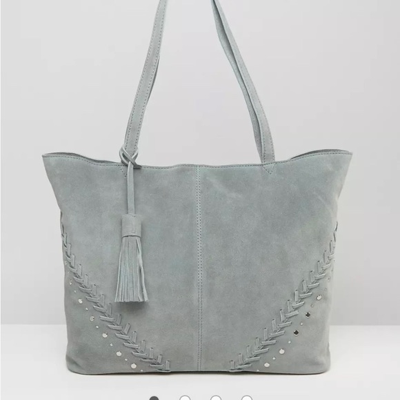 ASOS suede studstitch shopper bag gray tassel large shoulder bag tote - Picture 5 of 11